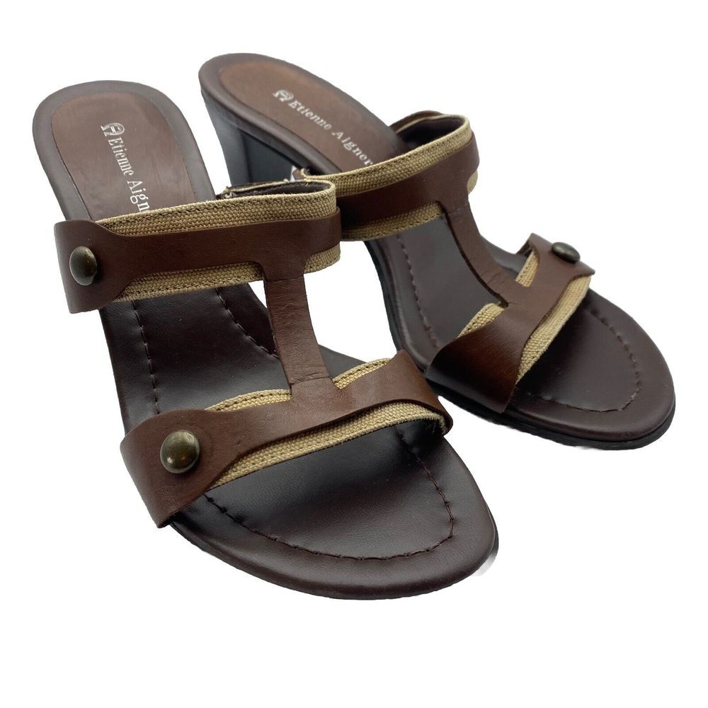 Etienne‎ Aigner Womens US Size 7 M Block Heel Mule Brown Leather Sandal Open Toe